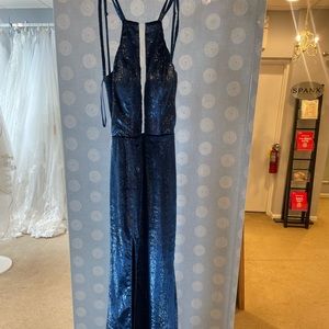 LA FEMMME VELVET BLUE PROM DRESS OPEN BACK NWT